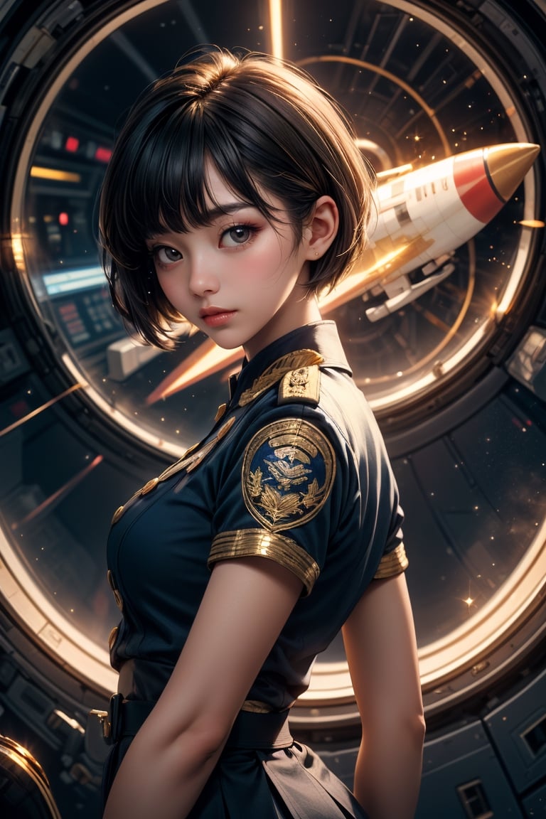 20yo,  beautiful korea girl,  korea idol,  (alluring pose:1),  beautiful and aesthetic,  detailed,  (((Beautifully sparkling golden))),  navy blue,  ((military uniform)),  high detail decoration on clothing,  middle breasts,  bangs,  sunlight,  portrait,  black hair,  pixie cut hair,  (very short hair:1.3),  (SWF),  space capsule,  spac station,  rocket,  milky way background,  reflection light,  (extremely detailed background),midjourney