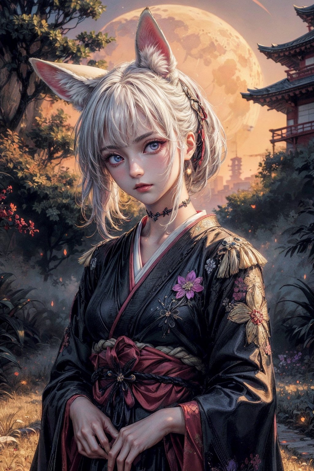 front upper body portrait. (masterpiece:1.2, best quality),(colored background) ,fennec_kitsune, kemonomimi, fox ears, ,kitsune girl, pink kimono, japan field, overgrown field, japanese shrine,  (finely detailed beautiful eyes: 1.2),guweiz style,details,  (extremely detailed CG unity 8k wallpaper, masterpiece, best quality, ultra-detailed, best shadow), (detailed background), (beautiful detailed face, beautiful detailed eyes), High contrast, (best illumination, an extremely delicate and beautiful),sole_female,beautiful detailed glow,upper body, glow_in_the_dark, , choker, , (long white hair and violet eyes), overgrown field as background, intimidating look,midjourney, phone wallpaper, end of the world, moon on background, ,YAMATO