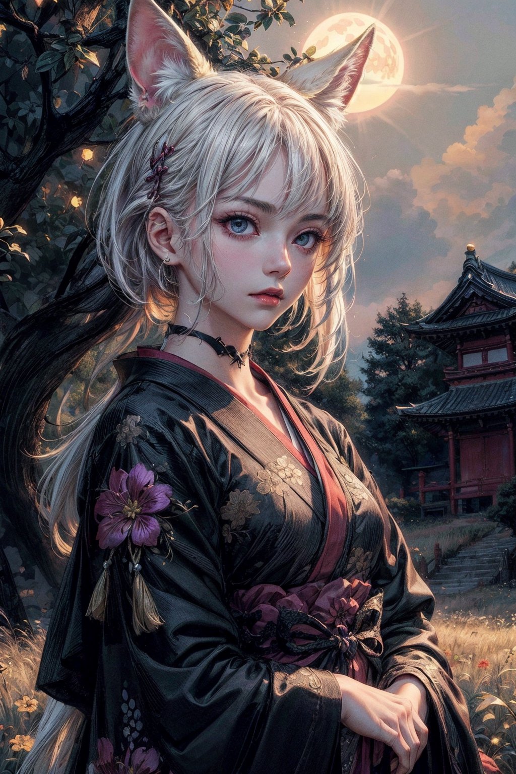 front upper body portrait. (masterpiece:1.2, best quality),(colored background) ,fennec_kitsune, kemonomimi, fox ears, ,kitsune girl, pink kimono, japan field, overgrown field, japanese shrine,  (finely detailed beautiful eyes: 1.2),guweiz style,details,  (extremely detailed CG unity 8k wallpaper, masterpiece, best quality, ultra-detailed, best shadow), (detailed background), (beautiful detailed face, beautiful detailed eyes), High contrast, (best illumination, an extremely delicate and beautiful),sole_female,beautiful detailed glow,upper body, glow_in_the_dark, , choker, , (long white hair and violet eyes), overgrown field as background, intimidating look,midjourney, phone wallpaper, end of the world, moon on background, ,YAMATO