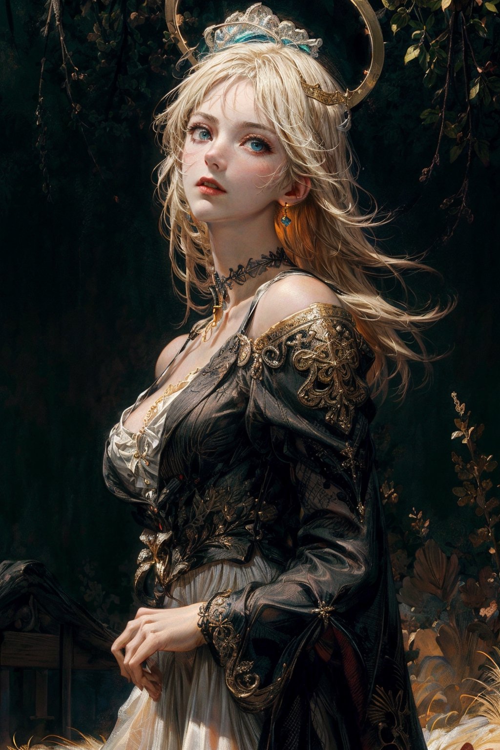 front upper body portrait. (masterpiece:1.2, best quality),(colored background) (finely detailed beautiful eyes: 1.2),guweiz style,details,  (extremely detailed CG unity 8k wallpaper, masterpiece, best quality, ultra-detailed, best shadow), (detailed background), (beautiful detailed face, beautiful detailed eyes), High contrast, (best illumination, an extremely delicate and beautiful),1girl, dynamic angle,beautiful detailed glow,upper body,blazer, white dress shirt, glow_in_the_dark, saint, middriff, choker, halo on head, blonde hair,shoulder lentght hair, blue eyes, overgrown field as background, intimidating look,midjourney, phone wallpaper,renaissance