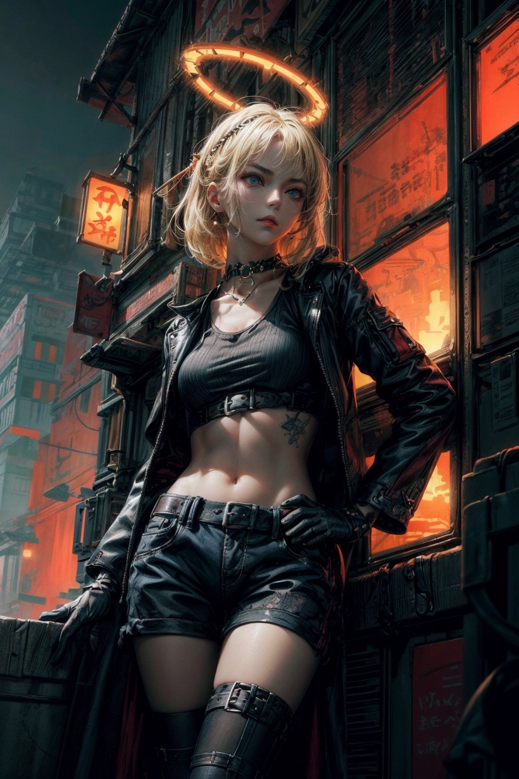 front upper body portrait. (masterpiece:1.2, best quality),(colored background) (finely detailed beautiful eyes: 1.2),guweiz style,details,  (extremely detailed CG unity 8k wallpaper, masterpiece, best quality, ultra-detailed, best shadow), (detailed background), (beautiful detailed face, beautiful detailed eyes), High contrast, (best illumination, an extremely delicate and beautiful),1girl, dynamic angle,beautiful detailed glowig blue eyes,upper body, moder outfit, urban techwear,glowing clothes, saint,middriff, choker, halo on head, (blonde hair),red glowing eyes,intimidating look,midjourney, ,EpicArt,guweiz style