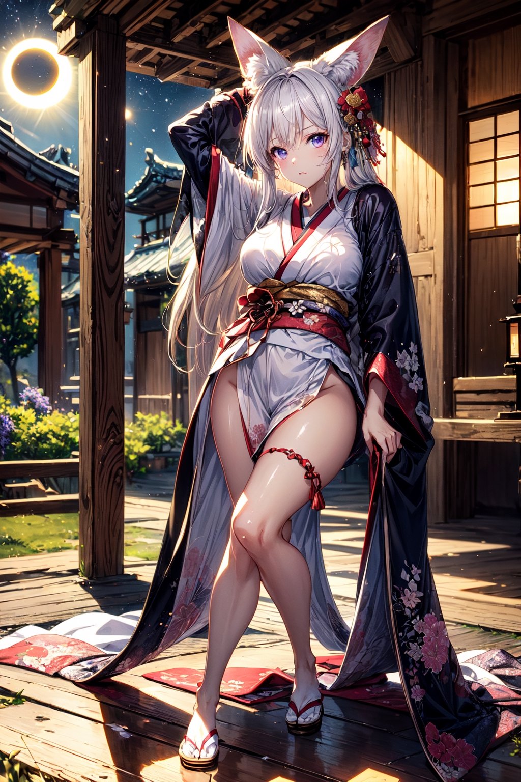 front upper body portrait. (masterpiece:1.2, best quality),(colored background) ,fennec_kitsune, kemonomimi, fox ears, ,kitsune girl, pink kimono, japan field, overgrown field, japanese shrine,  (finely detailed beautiful eyes: 1.2),guweiz style,details,  (extremely detailed CG unity 8k wallpaper, masterpiece, best quality, ultra-detailed, best shadow), (detailed background), (beautiful detailed face, beautiful detailed eyes), High contrast, (best illumination, an extremely delicate and beautiful),sole_female,beautiful detailed glow,upper body, glow_in_the_dark, , choker, , (long white hair and violet eyes), overgrown field as background, intimidating look,midjourney, phone wallpaper, end of the world, moon on background, eclipse,YAMATO