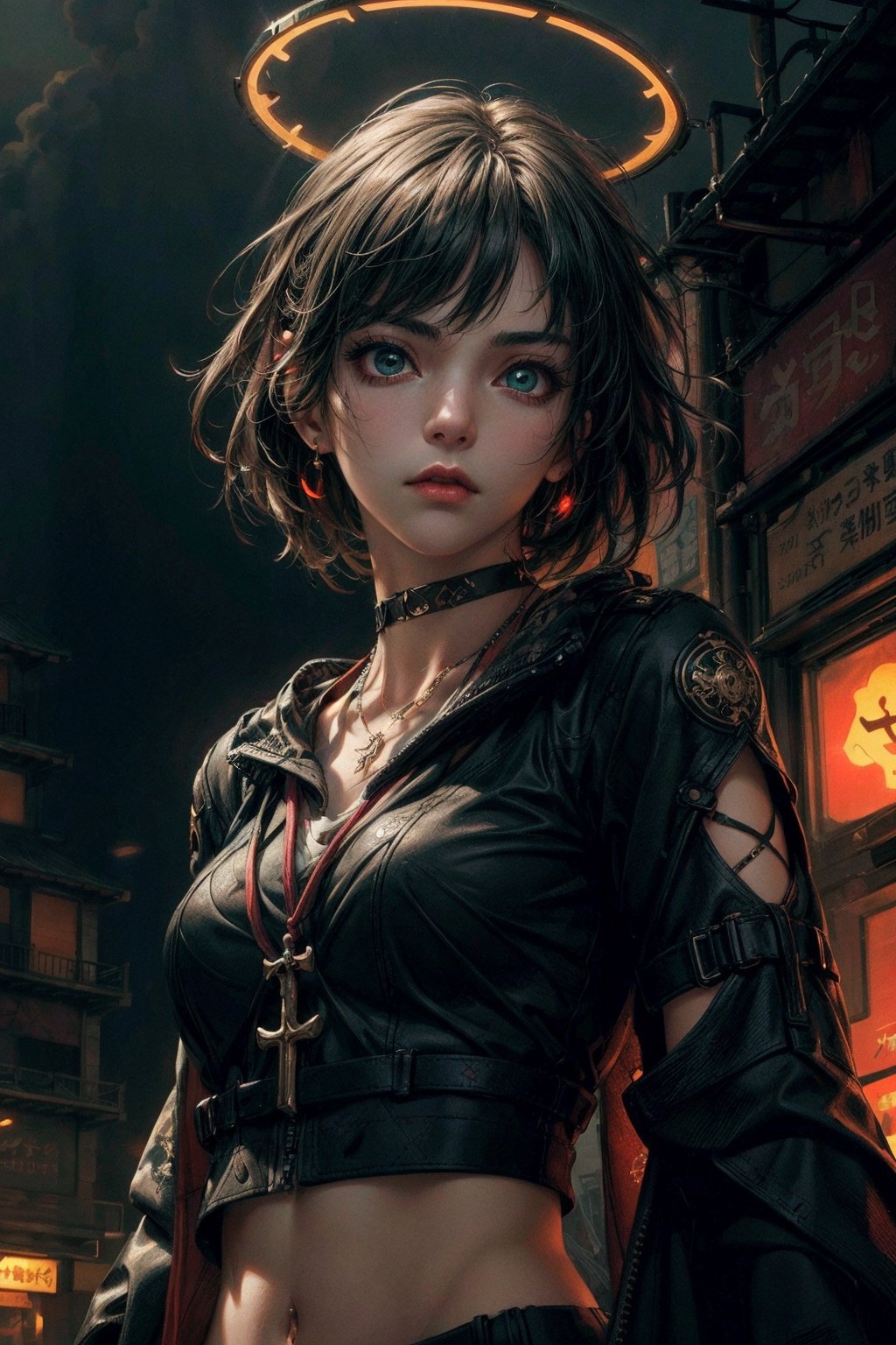 front upper body portrait. (masterpiece:1.2, best quality),(colored background) (finely detailed beautiful eyes: 1.2),guweiz style,details,  (extremely detailed CG unity 8k wallpaper, masterpiece, best quality, ultra-detailed, best shadow), (detailed background), (beautiful detailed face, beautiful detailed eyes), High contrast, (best illumination, an extremely delicate and beautiful),1girl, dynamic angle,beautiful detailed glow,upper body, moder outfit, urban techwear,glowing clothes, saint,middriff, choker, halo on head, black hair,green glowing eyes,intimidating look,midjourney, ,EpicArt,guweiz style