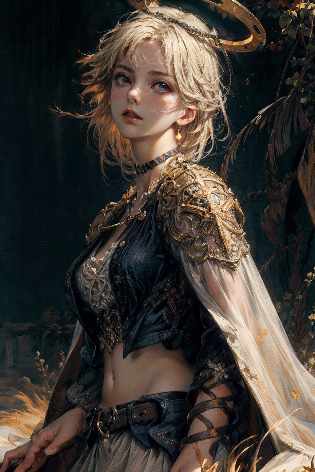 front upper body portrait. (masterpiece:1.2, best quality),(colored background) (finely detailed beautiful eyes: 1.2),guweiz style,details,  (extremely detailed CG unity 8k wallpaper, masterpiece, best quality, ultra-detailed, best shadow), (detailed background), (beautiful detailed face, beautiful detailed eyes), High contrast, (best illumination, an extremely delicate and beautiful),1girl, dynamic angle,beautiful detailed glow,upper body,blazer, white dress shirt, glow_in_the_dark, saint, middriff, choker, halo on head, blonde hair,shoulder lentght hair, blue eyes, overgrown field as background, intimidating look,midjourney, ,EpicArt,guweiz style,renaissance