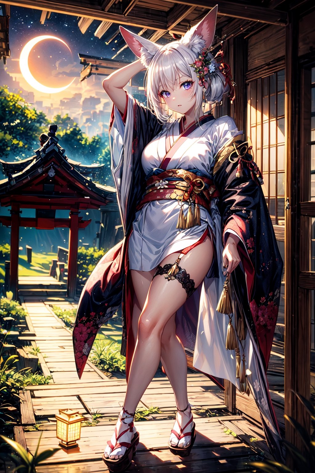 front upper body portrait. (masterpiece:1.2, best quality),(colored background) ,fennec_kitsune, kemonomimi, fox ears, ,kitsune girl, pink kimono, japan field, overgrown field, japanese shrine,  (finely detailed beautiful eyes: 1.2),guweiz style,details,  (extremely detailed CG unity 8k wallpaper, masterpiece, best quality, ultra-detailed, best shadow), (detailed background), (beautiful detailed face, beautiful detailed eyes), High contrast, (best illumination, an extremely delicate and beautiful),sole_female,beautiful detailed glow,upper body, glow_in_the_dark, , choker, , (long white hair and violet eyes), overgrown field as background, intimidating look,midjourney, phone wallpaper, end of the world, moon on background, eclipse,YAMATO