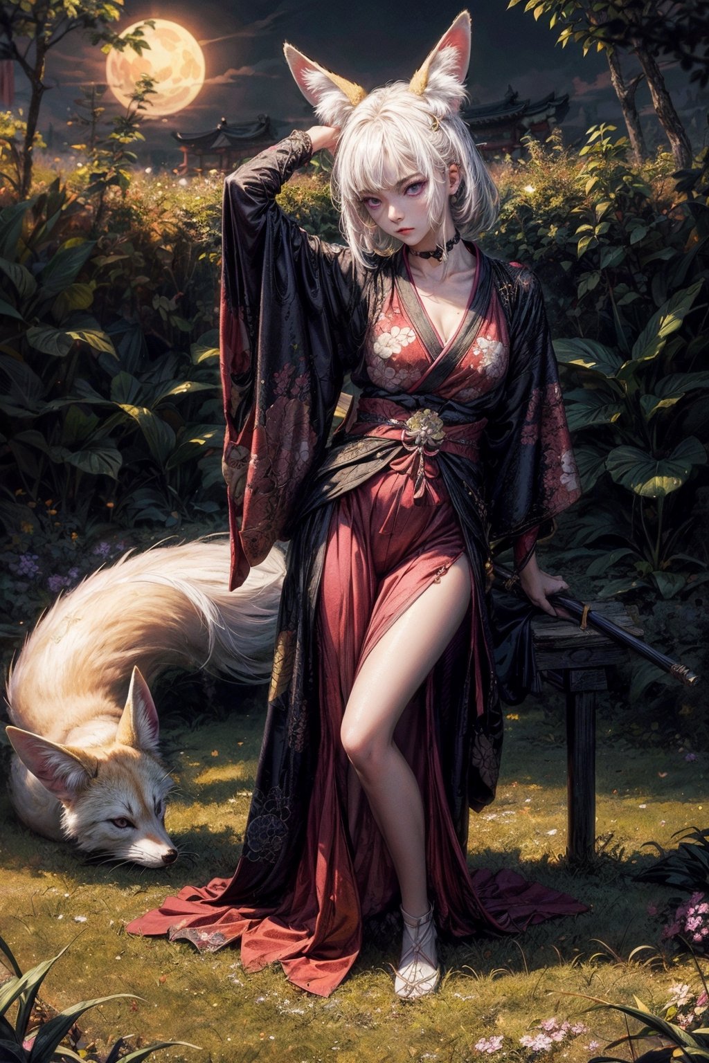 front upper body portrait. (masterpiece:1.2, best quality),(colored background) ,fennec_kitsune, kemonomimi, fox ears, ,kitsune girl, pink kimono, japan field, overgrown field, japanese shrine,  (finely detailed beautiful eyes: 1.2),guweiz style,details,  (extremely detailed CG unity 8k wallpaper, masterpiece, best quality, ultra-detailed, best shadow), (detailed background), (beautiful detailed face, beautiful detailed eyes), High contrast, (best illumination, an extremely delicate and beautiful),sole_female,beautiful detailed glow,upper body, glow_in_the_dark, , choker, , (long white hair and violet eyes), overgrown field as background, intimidating look,midjourney, phone wallpaper, end of the world, moon on background, ,YAMATO