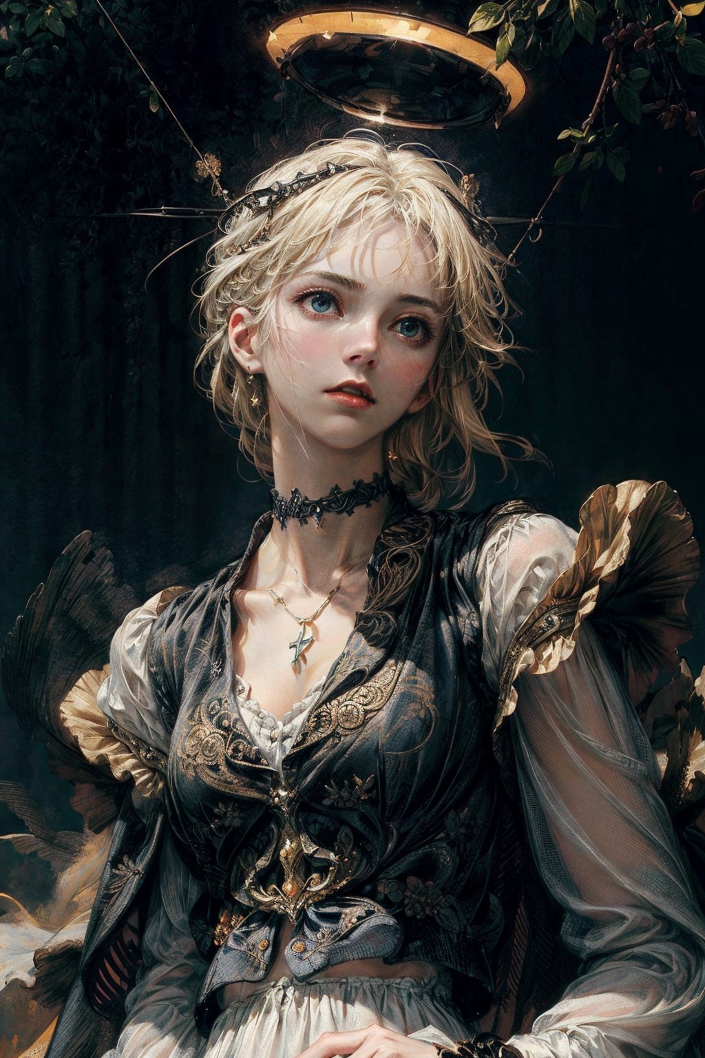 front upper body portrait. (masterpiece:1.2, best quality),(colored background) (finely detailed beautiful eyes: 1.2),guweiz style,details,  (extremely detailed CG unity 8k wallpaper, masterpiece, best quality, ultra-detailed, best shadow), (detailed background), (beautiful detailed face, beautiful detailed eyes), High contrast, (best illumination, an extremely delicate and beautiful),1girl, dynamic angle,beautiful detailed glow,upper body,blazer, white dress shirt, glow_in_the_dark, saint, middriff, choker, halo on head, blonde hair,shoulder lentght hair, blue eyes, overgrown field as background, intimidating look,midjourney, phone wallpaper,renaissance