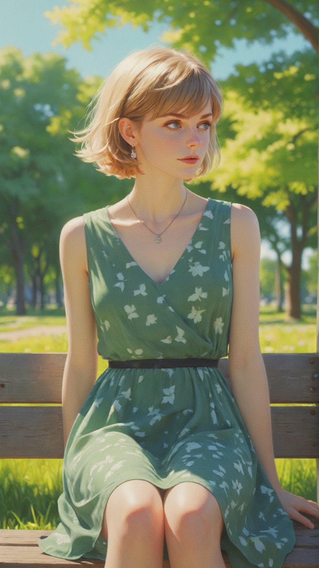 Mechanical part, Imagine a serene scene in a sunlit park, where a European white woman with an air of tranquility sits on a rustic bench. subtle v-neck, neckles, earrings, Her posture exudes relaxed elegance, the dappled sunlight playing on her features. Clad in a flowing sundress, she engages with the surroundings, perhaps lost in thought or enjoying the gentle breeze. Verdant foliage and the distant sounds of nature create a peaceful backdrop, completing this snapshot of a contemplative moment amid the beauty of a park, realistic anime 3d style, digital art ilya kuvshinov, 16k, realistic anime style at pixiv4558267, breathtaking ilya kuvshinov ,detailmaster2,more detail XL ,ellafreya