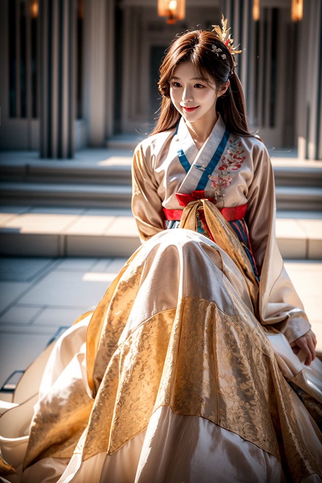 korean idol,20_old_girl,long hair,brown hair,whole body,stewardess,masterpiece,masterpiece:1.2, highest quality,small breasts, (traditional) Korean woman clothes