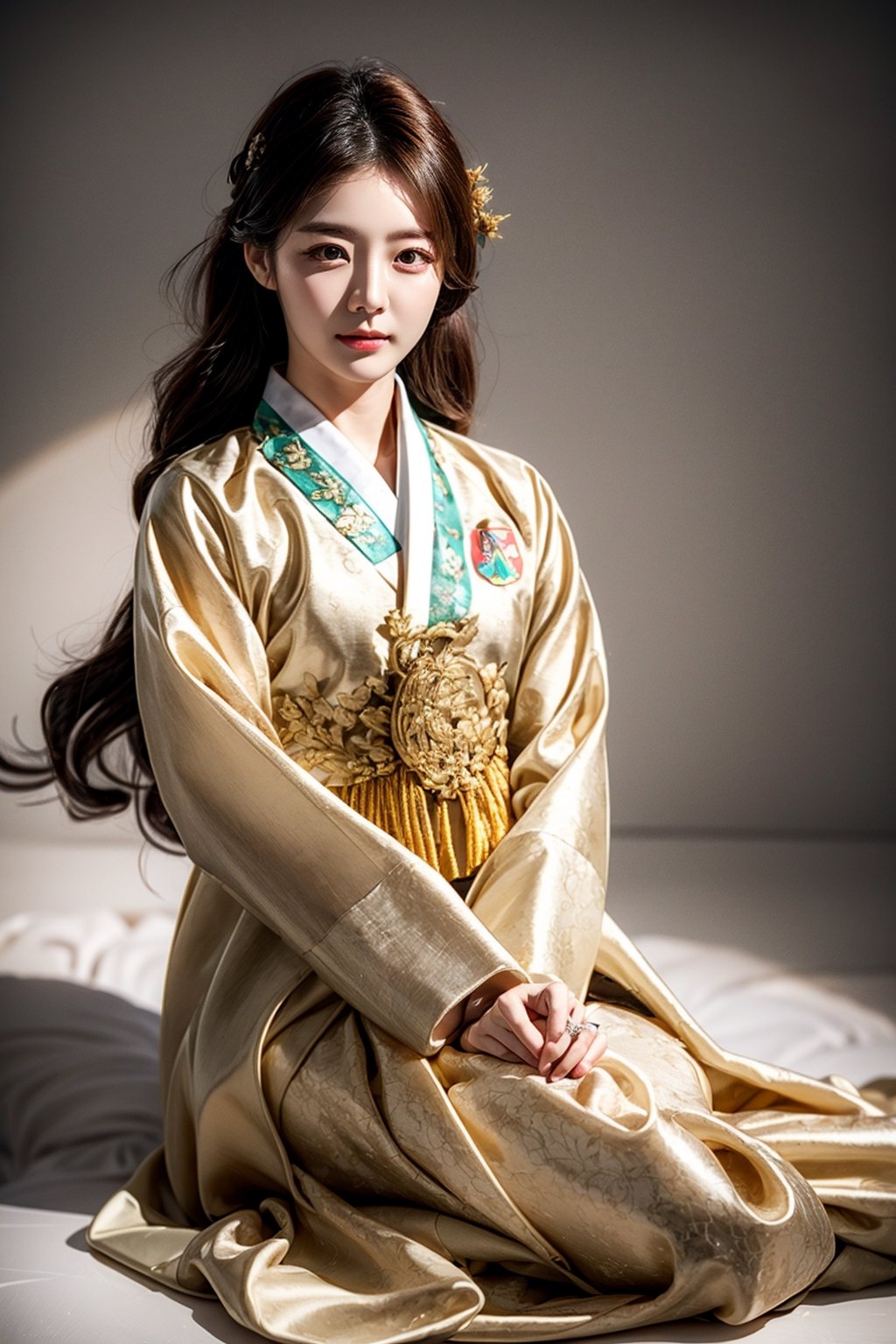 korean idol,20_old_girl,long hair,brown hair,whole body,stewardess,masterpiece,masterpiece:1.2, highest quality,small breasts, (traditional) Korean woman clothes