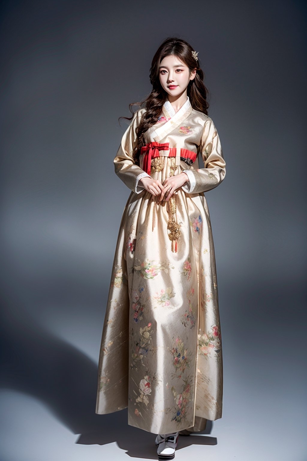 korean idol,20_old_girl,long hair,brown hair,whole body,stewardess,masterpiece,masterpiece:1.2, highest quality,small breasts, (traditional) Korean woman clothes