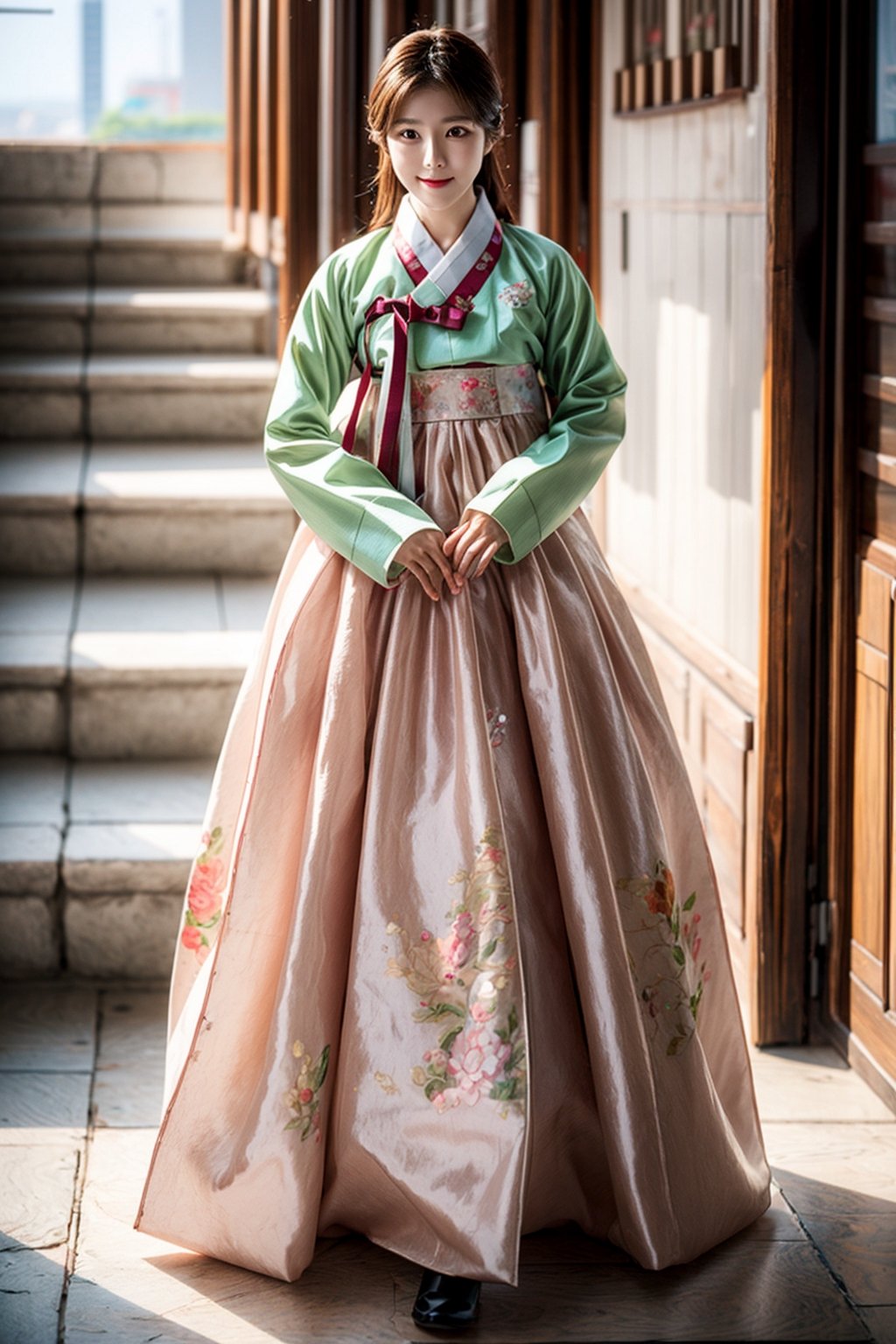 korean idol,20_old_girl,long hair,brown hair,whole body,stewardess,masterpiece,masterpiece:1.2, highest quality,small breasts, (traditional) Korean woman clothes