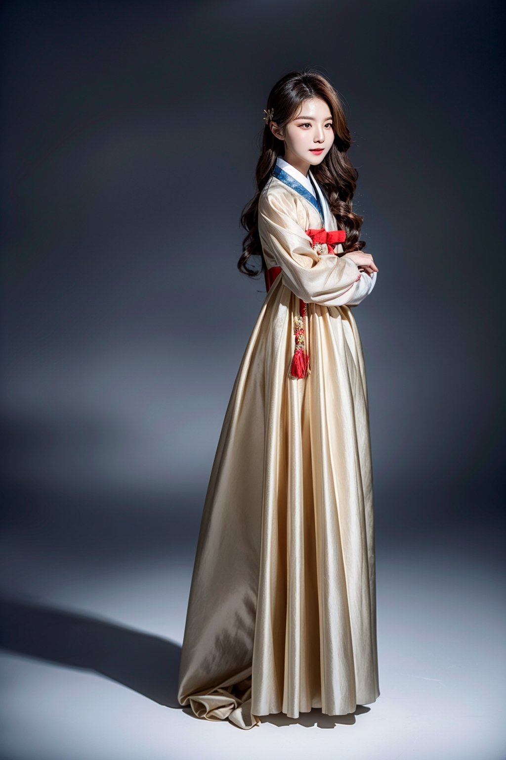 korean idol,20_old_girl,long hair,brown hair,whole body,stewardess,masterpiece,masterpiece:1.2, highest quality,small breasts, (traditional) Korean woman clothes