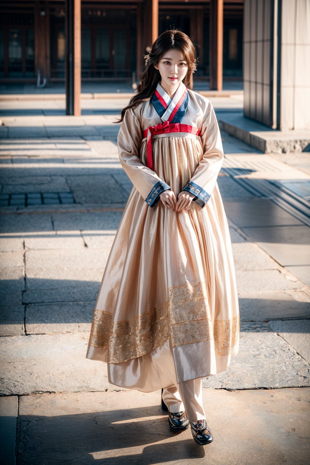 korean idol,20_old_girl,long hair,brown hair,whole body,stewardess,masterpiece,masterpiece:1.2, highest quality,small breasts, (traditional) Korean woman clothes