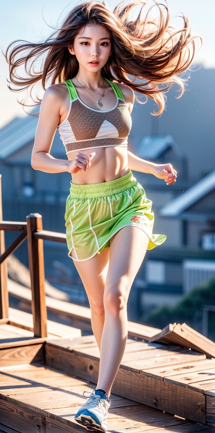 Masterpiece,Masterpiece:1.2,Best Quality,More Detail,
Hyper realistic,Photo realistic,Out focus,
Korean IDOL,25 Age,Sexy Pose,
Whole hot body,Nice legs,
Brown long hair,Small breasts,
Tank top,Min Skirt,Running shoe,
At the top of the mountain,