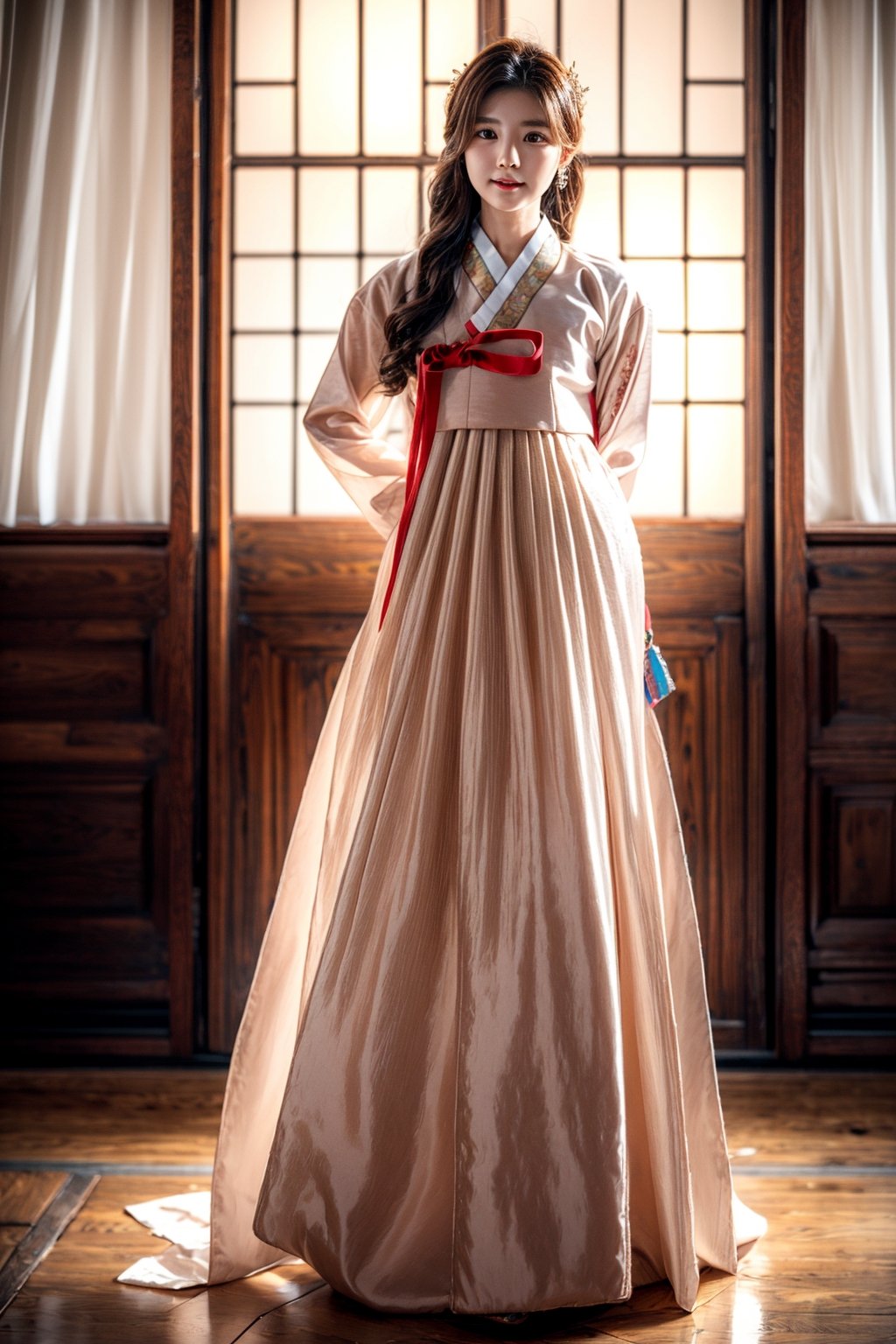 korean idol,20_old_girl,long hair,brown hair,whole body,stewardess,masterpiece,masterpiece:1.2, highest quality,small breasts, (traditional) Korean woman clothes