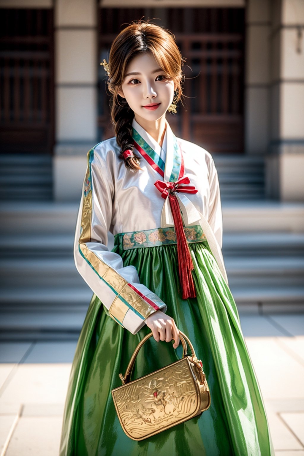 korean idol,20_old_girl,long hair,brown hair,whole body,stewardess,masterpiece,masterpiece:1.2, highest quality,small breasts, (traditional) Korean woman clothes