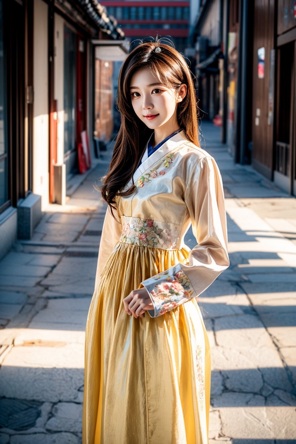 korean idol,20_old_girl,long hair,brown hair,whole body,stewardess,masterpiece,masterpiece:1.2, highest quality,small breasts, (traditional) Korean woman clothes