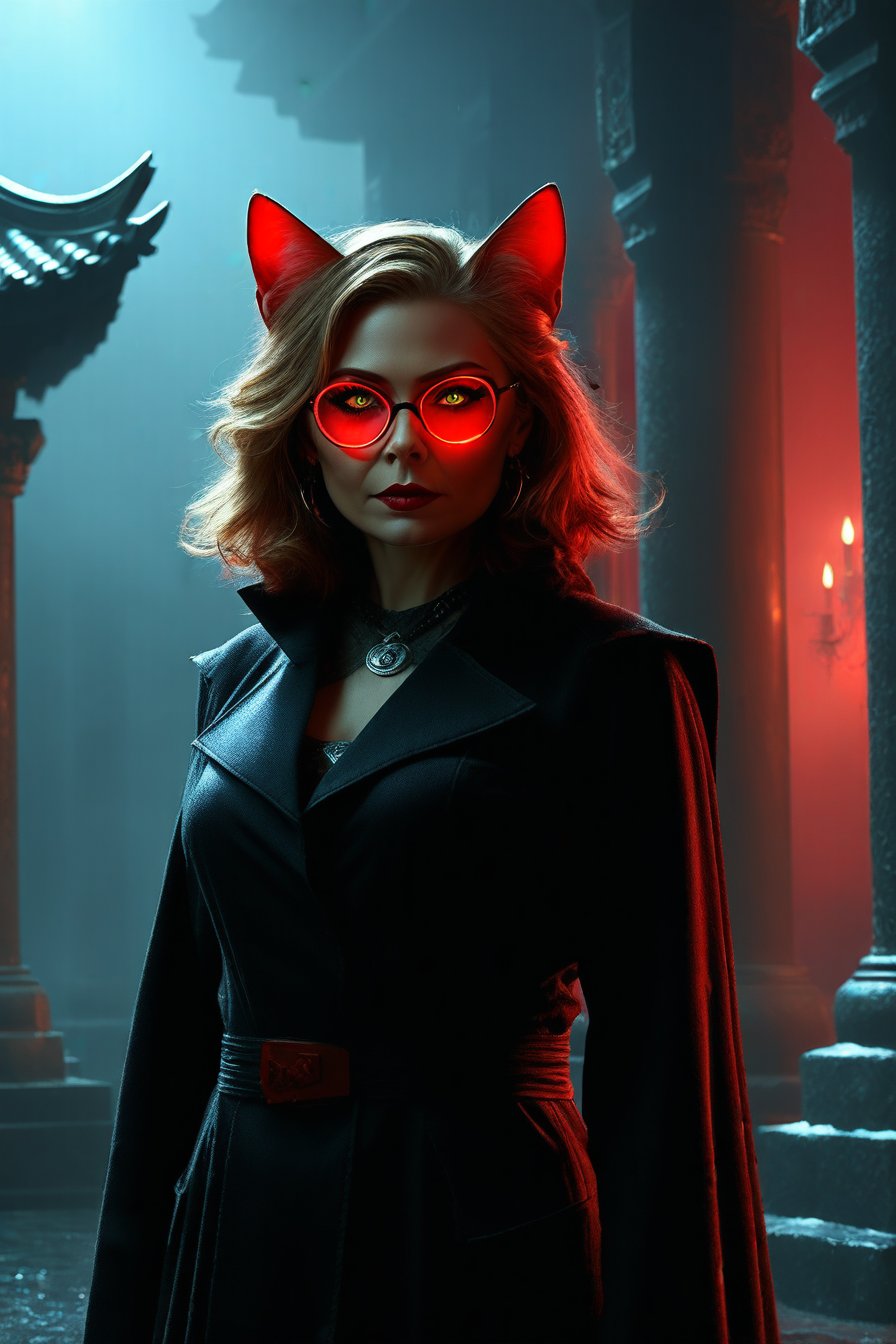 Wanda Maximoff, in the temple, night, misty, red eyes, overcoat, cat ears, glasses, (masterpiece, best quality, highly detailed), (realistic)