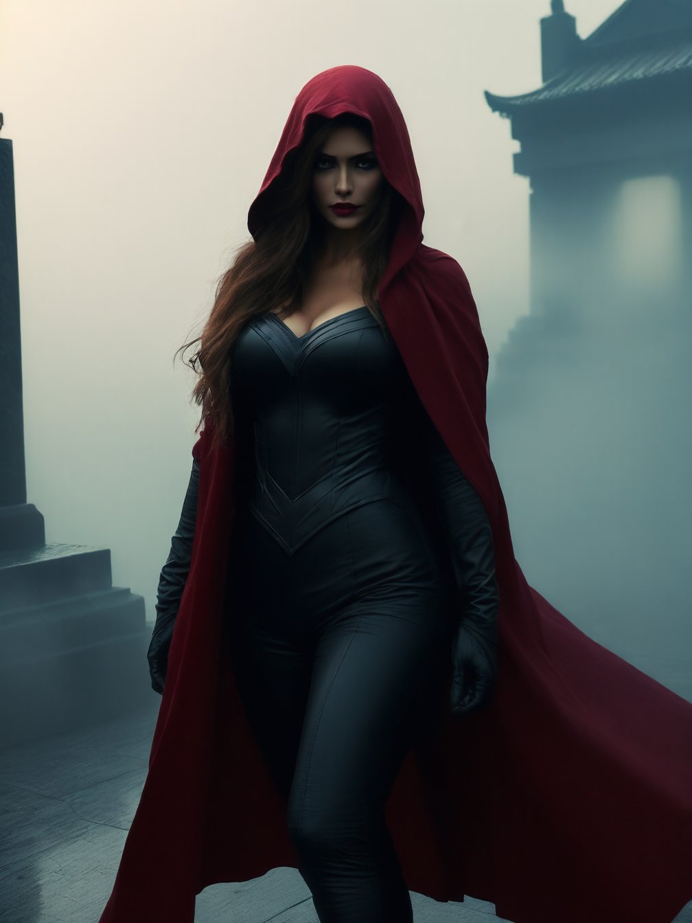 Scarlet Witch, in the temple, dawn, foggy, red eyes, hood coat, busty, tights, (masterpiece, best quality, highly detailed), (realistic)