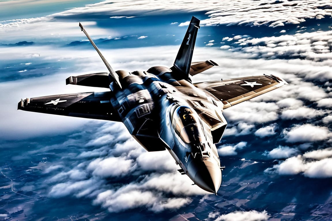 Full view, F22 raptor, in the sky, cloudy,