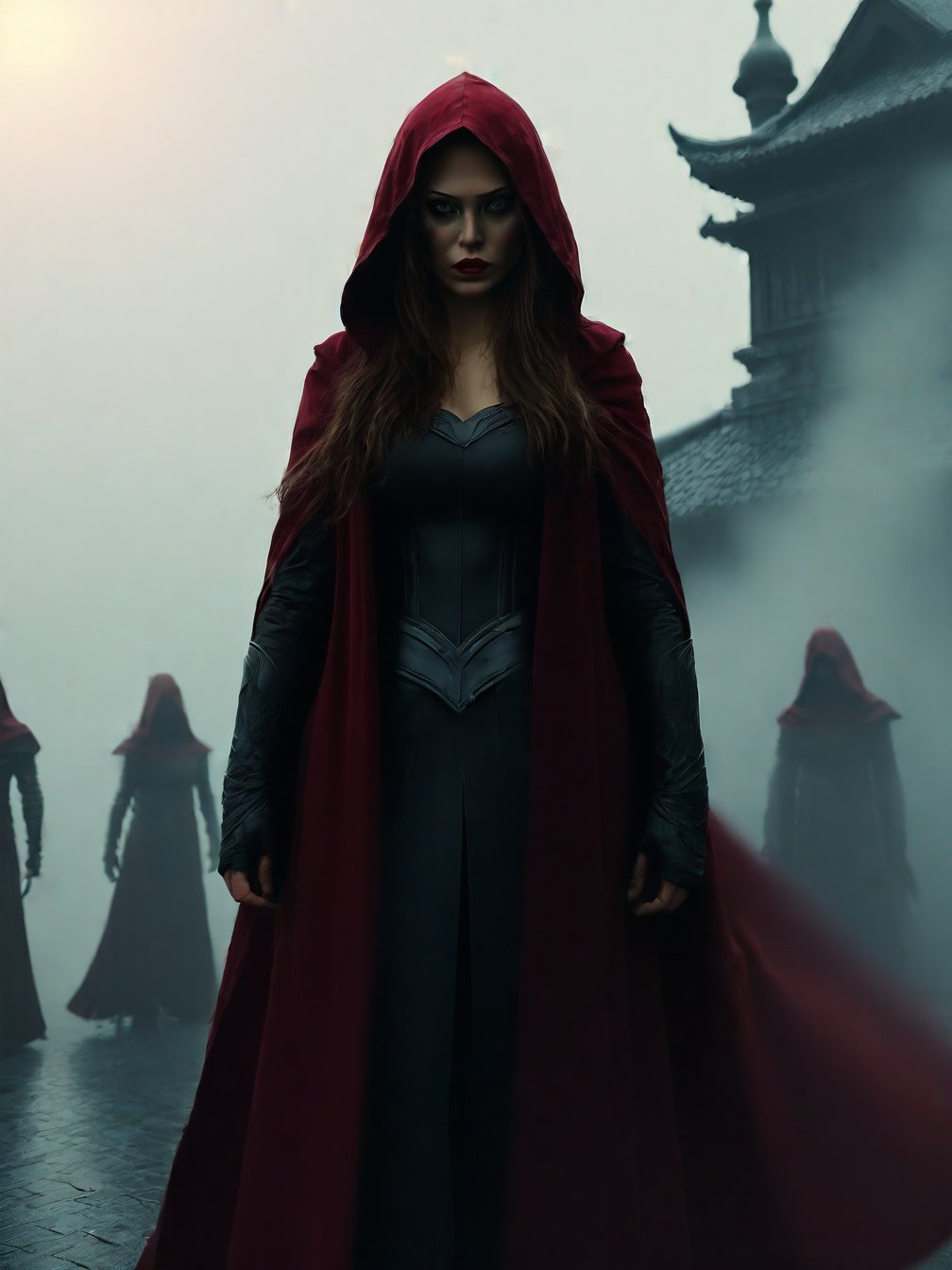 Scarlet Witch, in the temple, dawn, foggy, red eyes, hood coat, (masterpiece, best quality, highly detailed), (realistic)