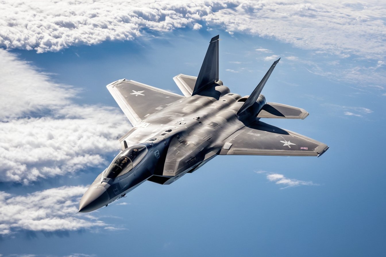 Full view, F22 raptor, in the sky, cloudy,