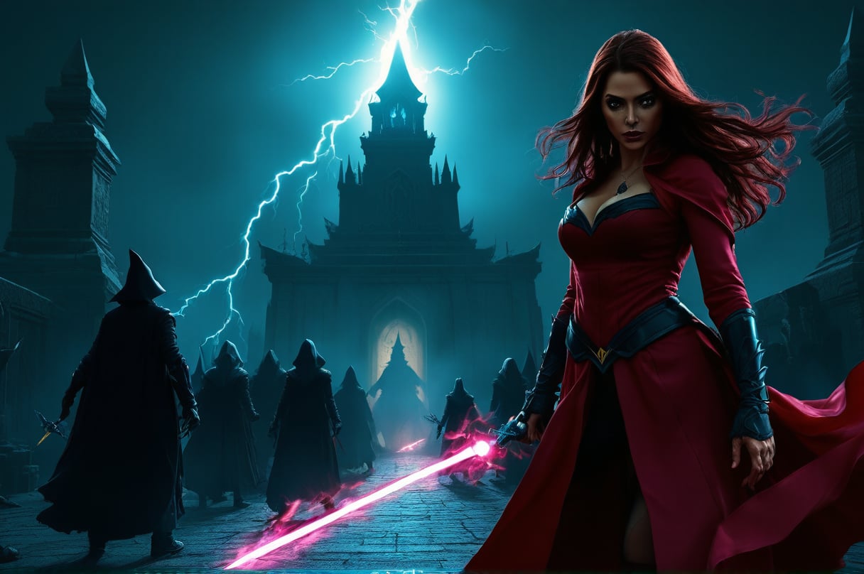 Scarlet Witch, in the break down temple, night, mage army, (realistic)