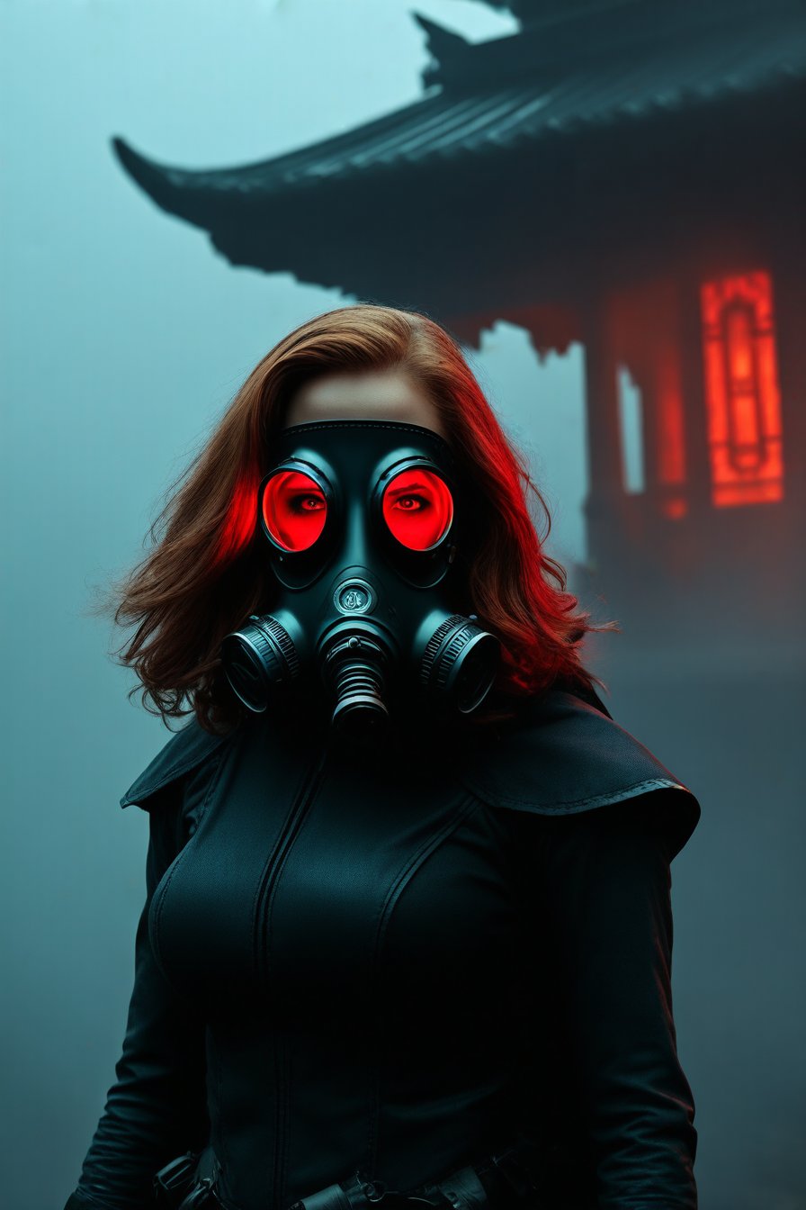 Wanda Maximoff, in the temple, night, misty, red eyes, gas mask, (masterpiece, best quality, highly detailed), (realistic)