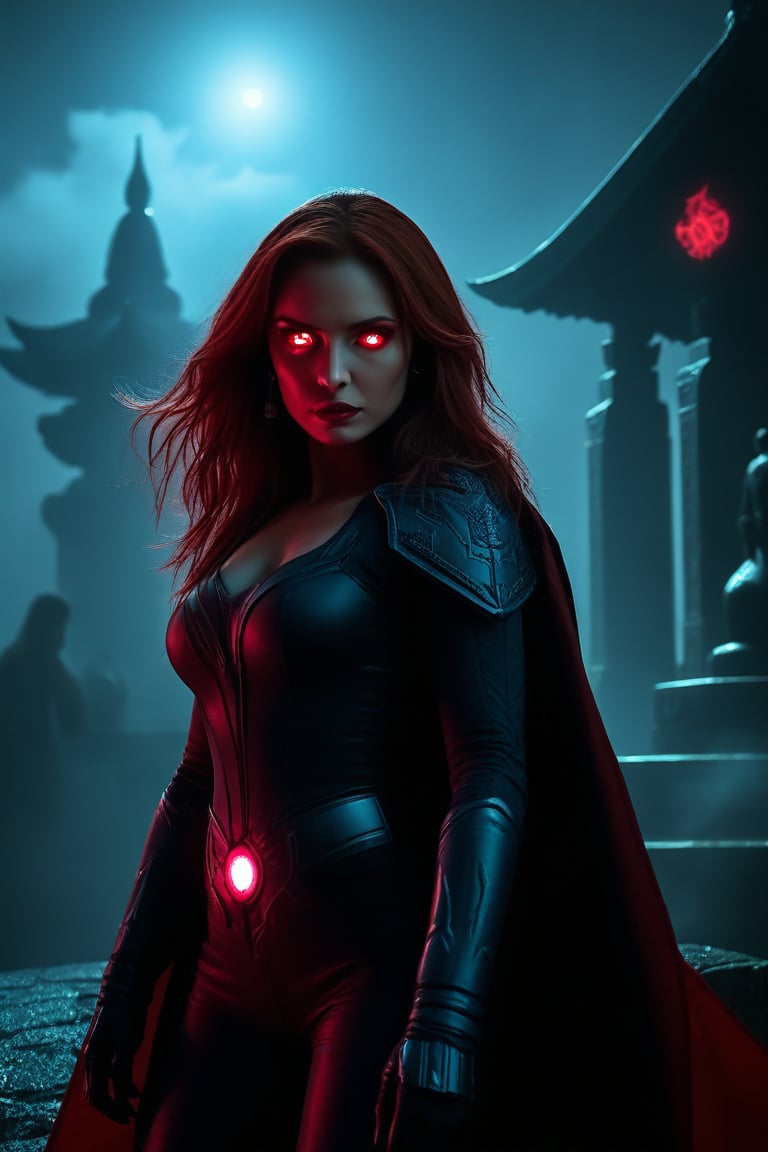 Wanda Maximoff, in the temple, night, misty, red eyes,