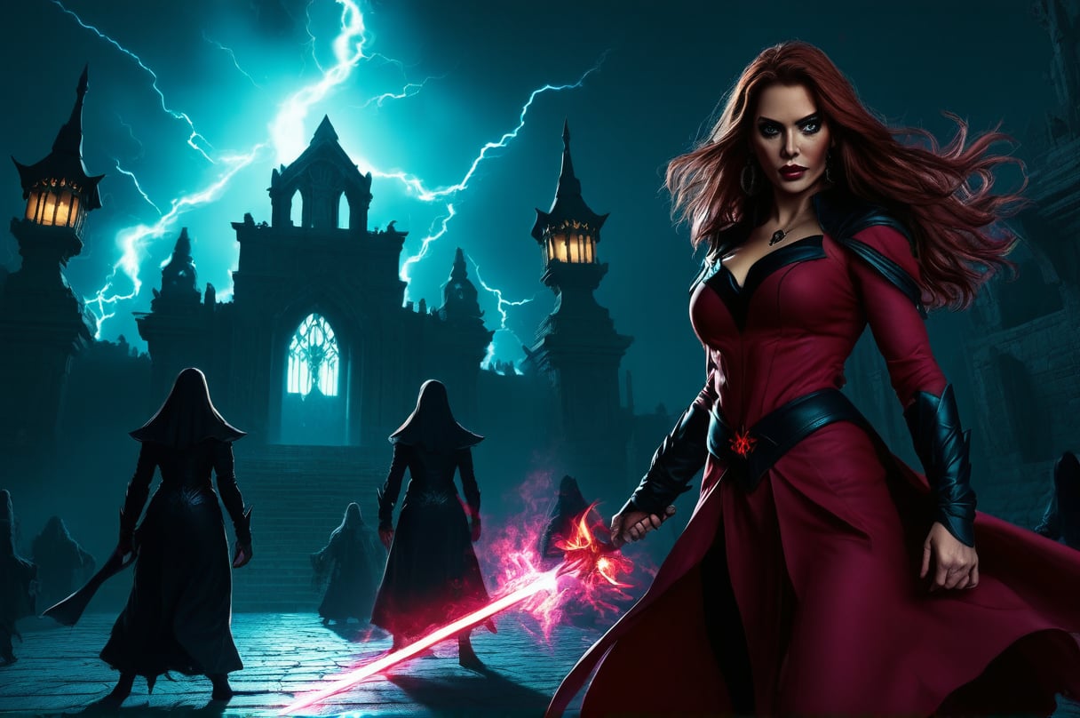 Scarlet Witch, in the break down temple, night, mage army, (masterpiece, best quality, realistic)