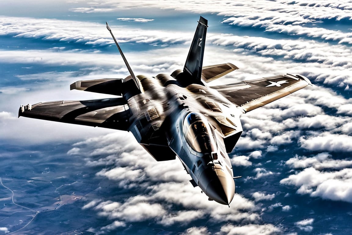 Full view, F22 raptor, in the sky, cloudy,