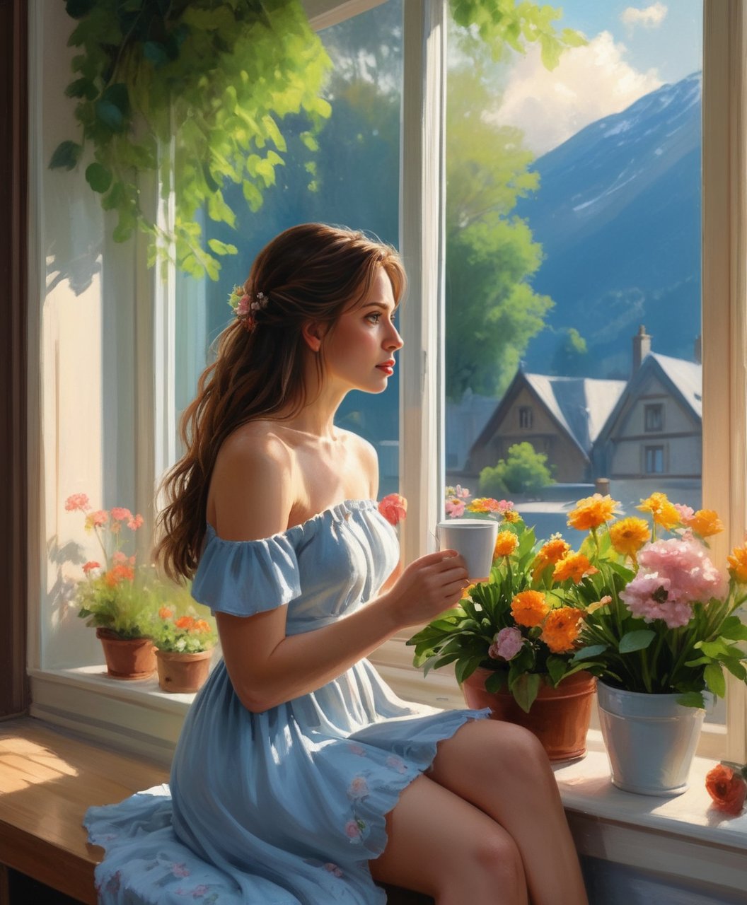 Oil painting, girl leaning against the window sill, resting her chin on the window and looking out the window, wide open window, (outside the window, various flowers are blooming in the flower bed), very delicate and soft lighting, details, Ultra HD, 8k, animated film, girl , holding a coffee cup, sitting on the window sill, holding a cup in both hands, shaking legs,