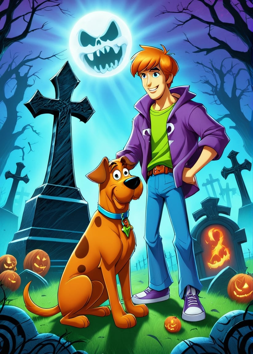 Fred from Scooby Doo with Scooby Doo in the Graveyard, comic style, bright environment, beautiful environment, high detail, cartoon, funny scene