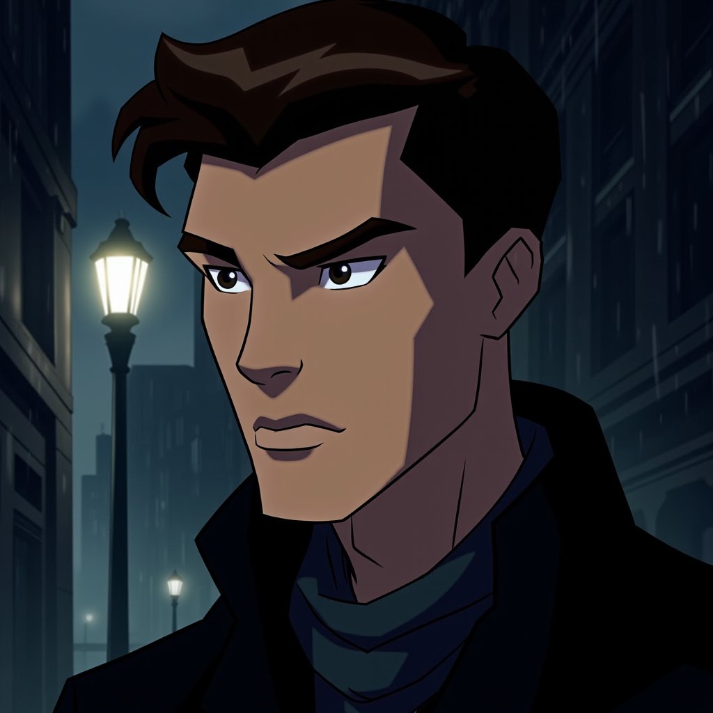 cartoon-style, close-up portrait of a young male detective with short brown hair and a sharp jawline, wearing a dark coat with a scarf loosely around his neck. His smooth skin catches the pale light of a streetlamp, while raindrops run down his face. His expression is serious, with a hint of determination. The background features a foggy city street with shadowy buildings barely visible in the mist. Dark, moody colors, soft shadows, classic noir comic atmosphere.,Mh1$AgThS2