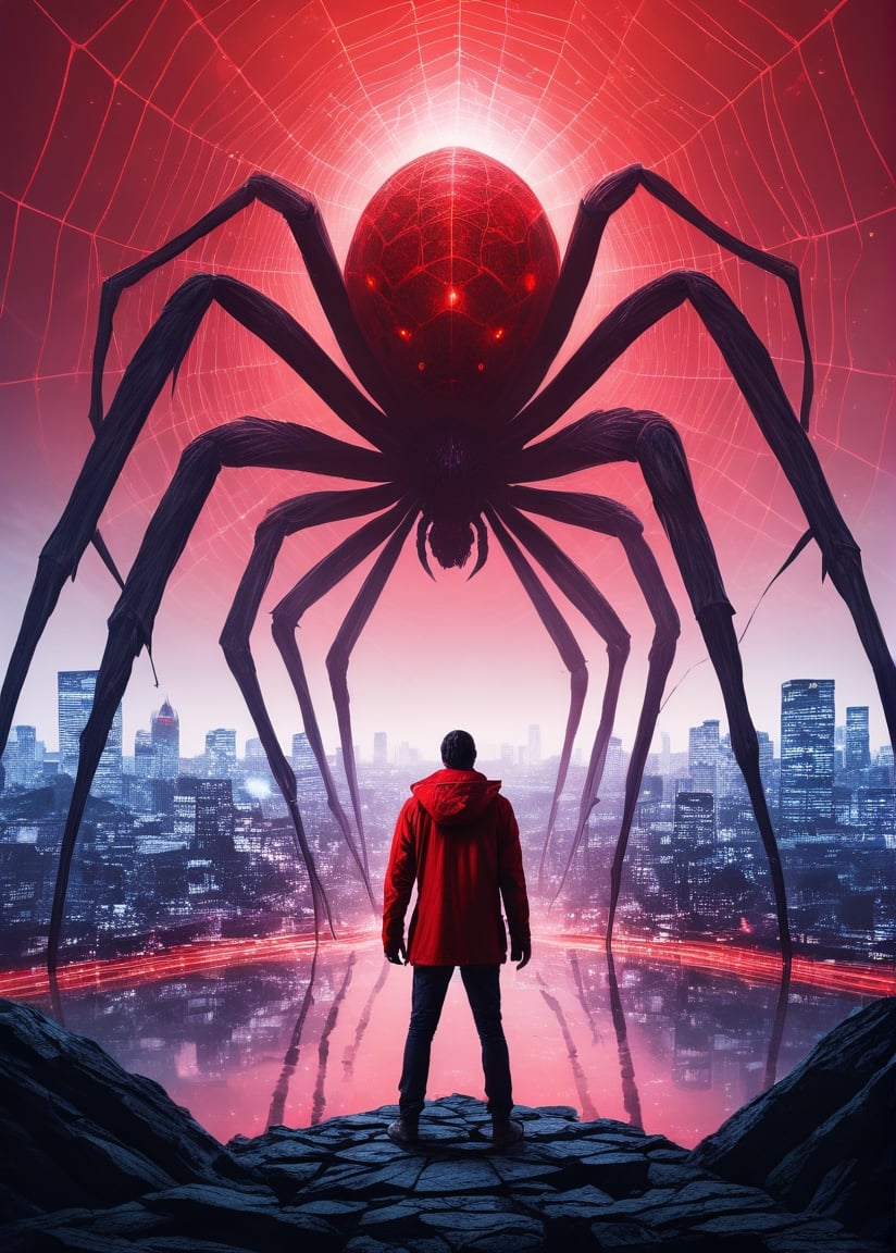 psychodelic,in a space, man standing next to a giant spider monster, city background, a portal to another dimension in the background, red colors palette