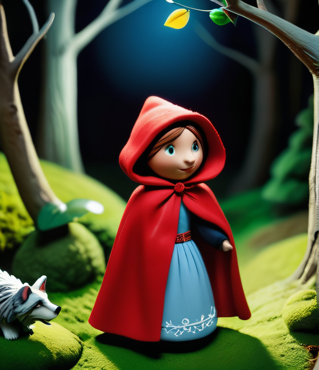 Aardman claymation style, Red Riding Hood, natural dark lighting,  best quality, close up shot