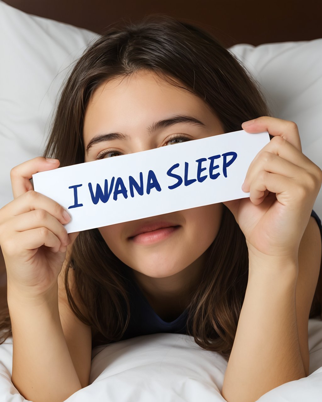 European girl with a sign saying "i wana sleep"