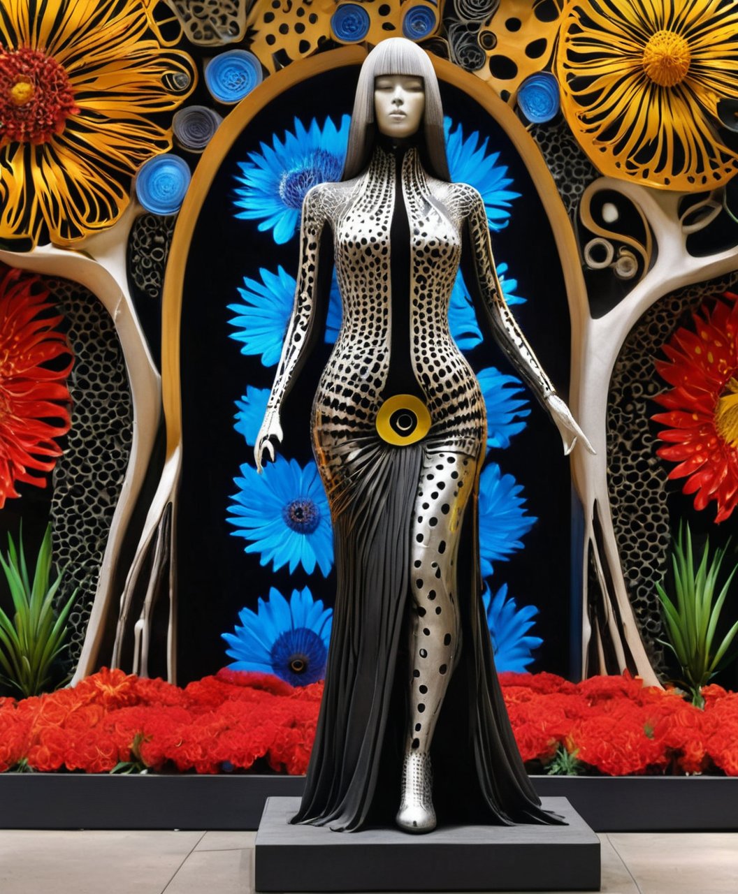 Huge massive sculpture of a woman in a dress with a flowers by style Giger HR, Yayoi Kusama,Henric Matisse, airy and intricate detailedes