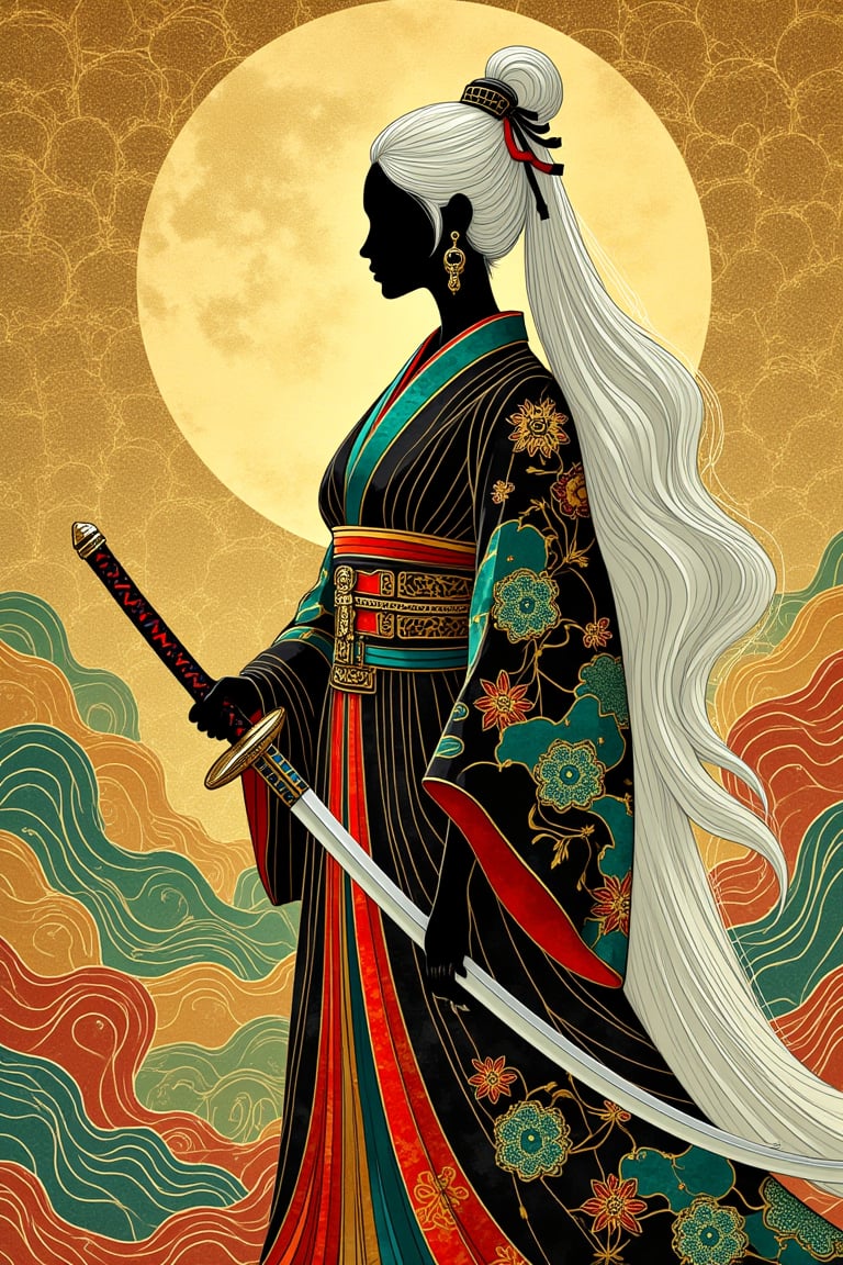 Create an illustration of a regal warrior woman standing in a traditional Japanese-style kimono. The kimono is predominantly black with intricate patterns of red, gold, and emerald green, featuring designs inspired by Japanese art and fantasy elements. She is holding a katana in one hand, poised with elegance and confidence. Her long, flowing white hair cascades down her back, interwoven with subtle hints of silver that add a mystical glow.

Create an illustration of a regal warrior woman standing in a traditional Japanese-style kimono. The kimono is predominantly black with intricate patterns of red, gold, and emerald green, featuring designs inspired by Japanese art and fantasy elements. She is holding a katana in one hand, poised with elegance and confidence. Her long, flowing white hair cascades down her back, interwoven with subtle hints of silver that add a mystical glow. The background is a richly detailed golden texture that resembles a traditional Japanese screen painting, filled with swirling patterns and textures that create a sense of depth and movement. The illustration should have bold lines and vivid colors, emphasizing the contrast between the vibrant kimono and the serene yet powerful demeanor of the character. The composition should be vertical, highlighting the character’s full figure and the intricate beauty of her attire. The focus is on the harmonious blend of traditional Japanese aesthetics with a modern fantasy twist, showcasing an atmosphere of strength, grace, and artistic elegance...,Silhuflowart,Silhouette,Fluid,Pastel