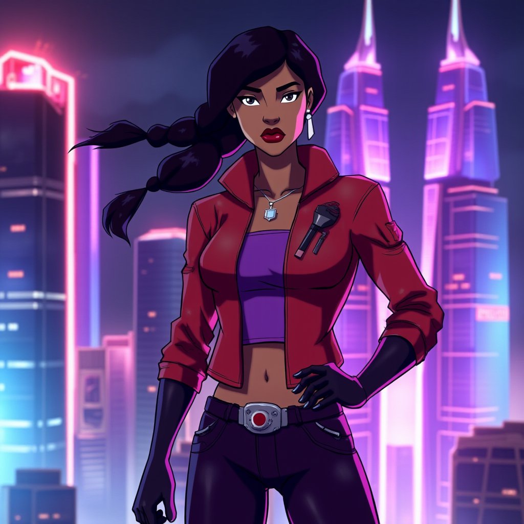 cartoon-style, mid-shot of Fortune, the former sky pirate from Agents of Mayhem. She’s standing confidently with her robot companion Glory hovering by her side. Dressed in a stylish, futuristic red jacket and combat gear, her braided hair swings behind her. Her smooth, dark skin glows under neon lights, and her expression is sharp and focused. The background shows a futuristic skyline with glowing towers. Bold colors, dynamic comic-book style. Mh1$AgThS2