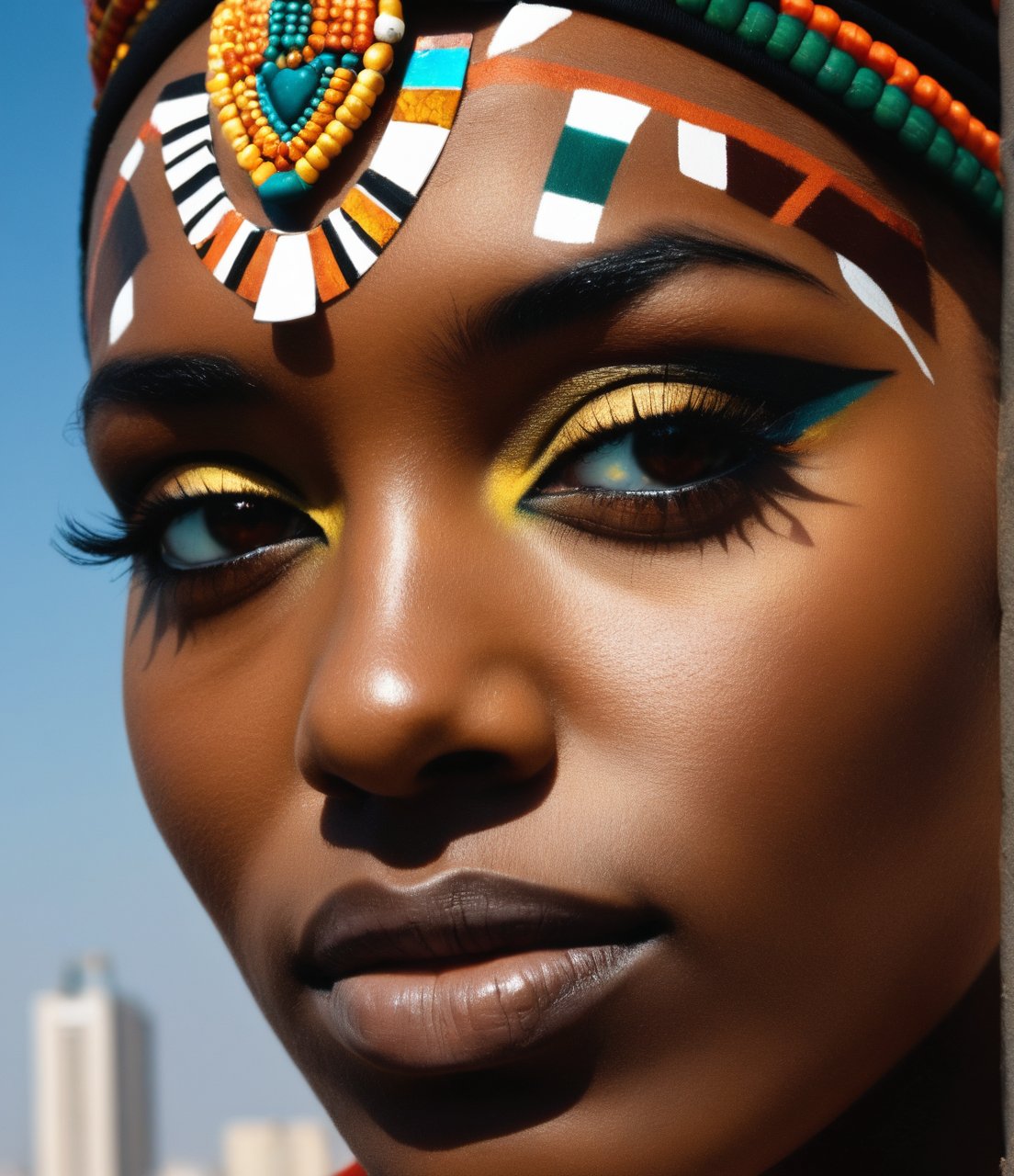 photo close up nubian woman, face shot,  city