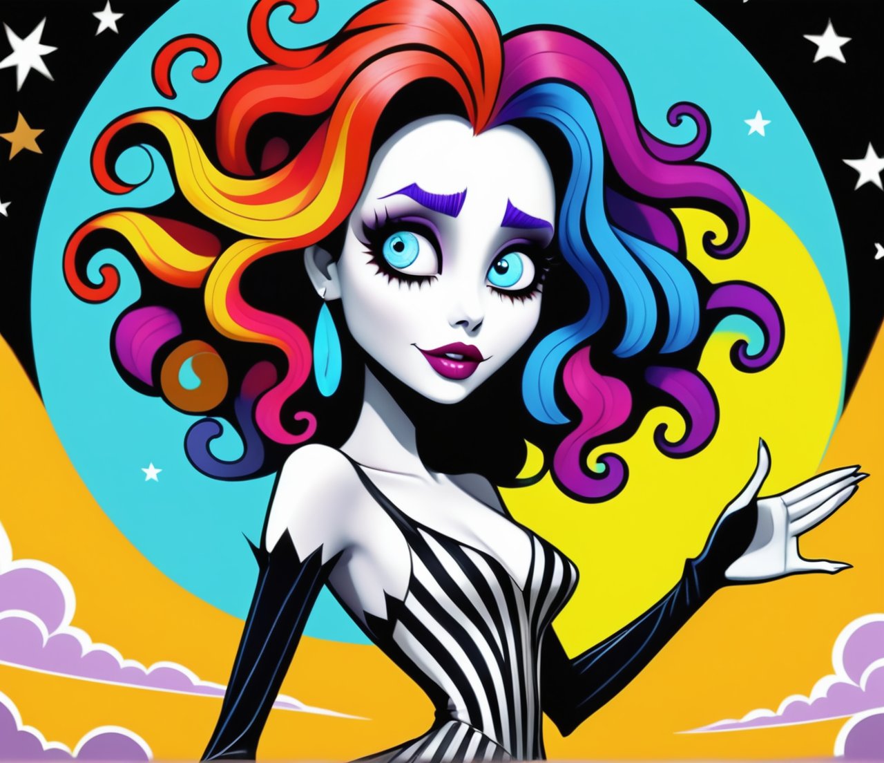 cartoon Tim Burton art, beautiful cartoon woman, colorful hair, flirting gaze, waving hand