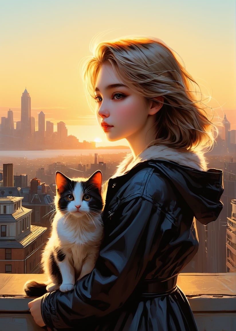 sam_Young_Illustration, young woman with a cat, sunrise, city in the background