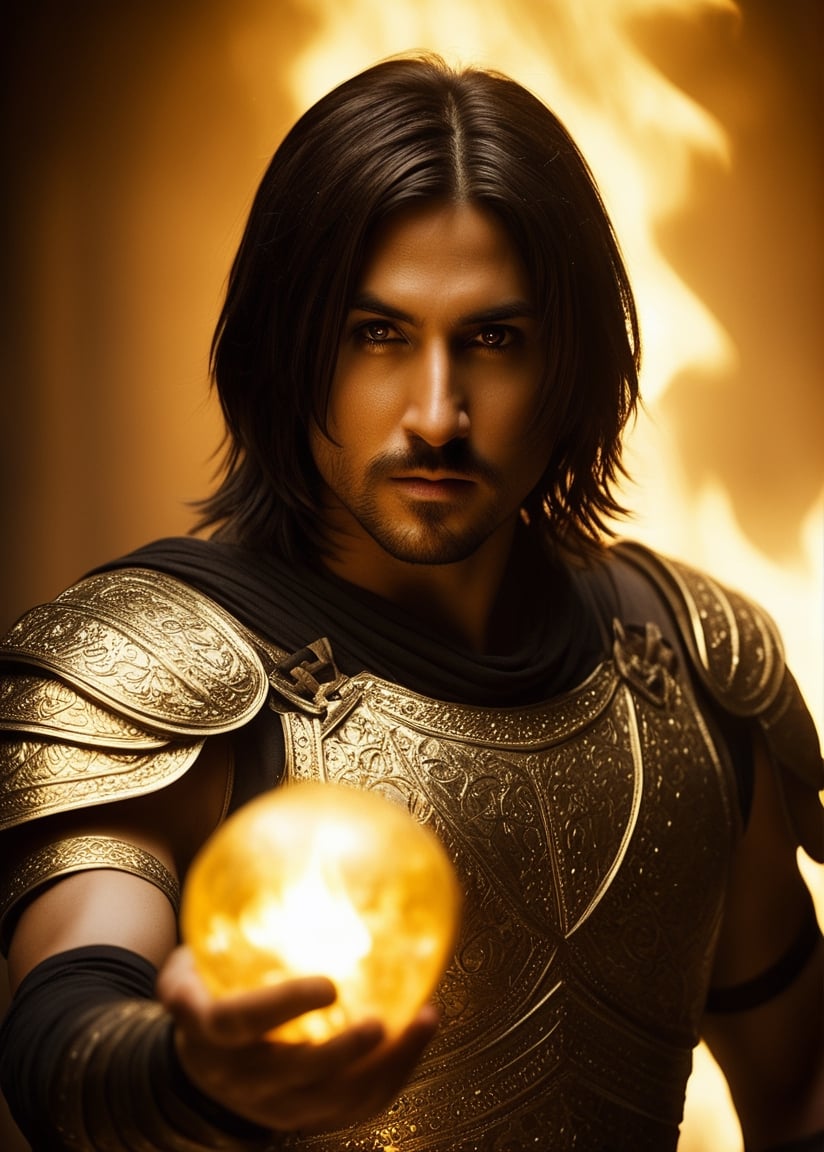 cinematic film still, movie prince Dastan, gold plated armor, silk clothes, dark atmosphere, holding a fire orb, shallow depth of field, vignette, highly detailed, high budget, bokeh, cinemascope, moody, epic