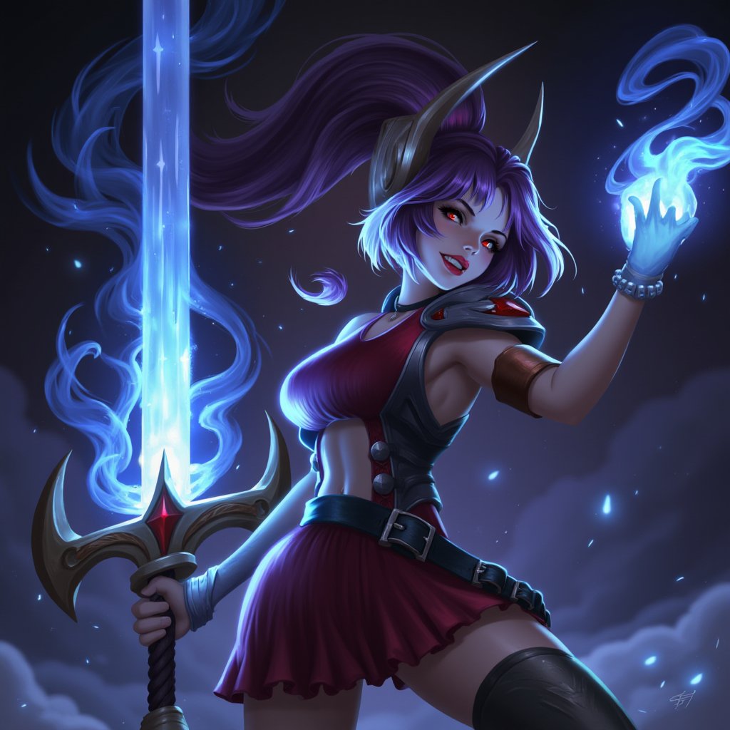 Retro_Anime, a woman hodling a huge glowing  sword, evil smile,Epic_LOL 