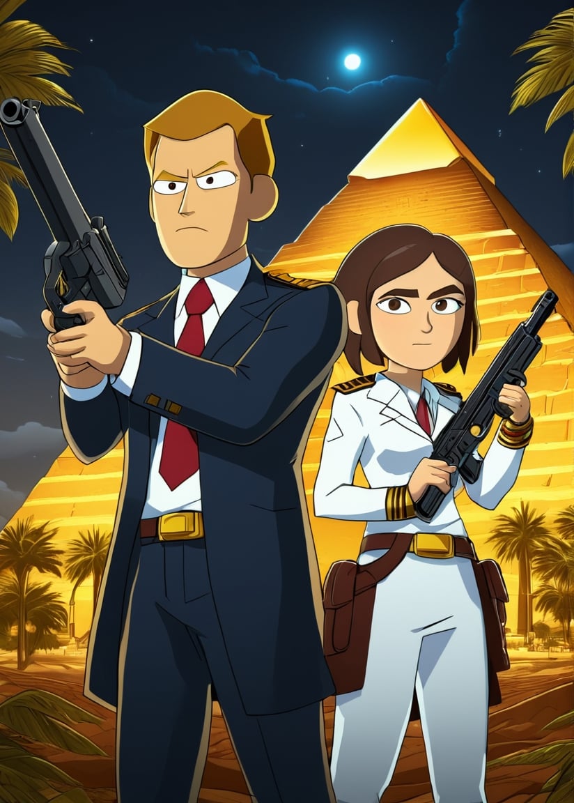 cartoon Reagan Ridley with Brett Hand, with a guns, against the background of the Egyptian pyramid at night, dark shot, detailed background, ultra quality, medium shot, beautiful environment, detailed face, detailed background, hdr, 8k, 2d animation