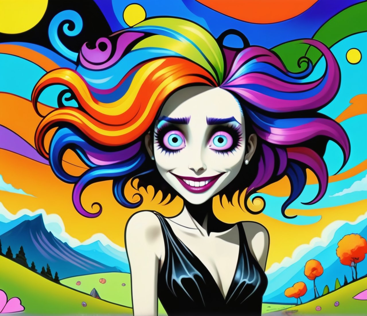 cartoon Tim Burton art, beautiful cartoon woman, colorful hair, smile