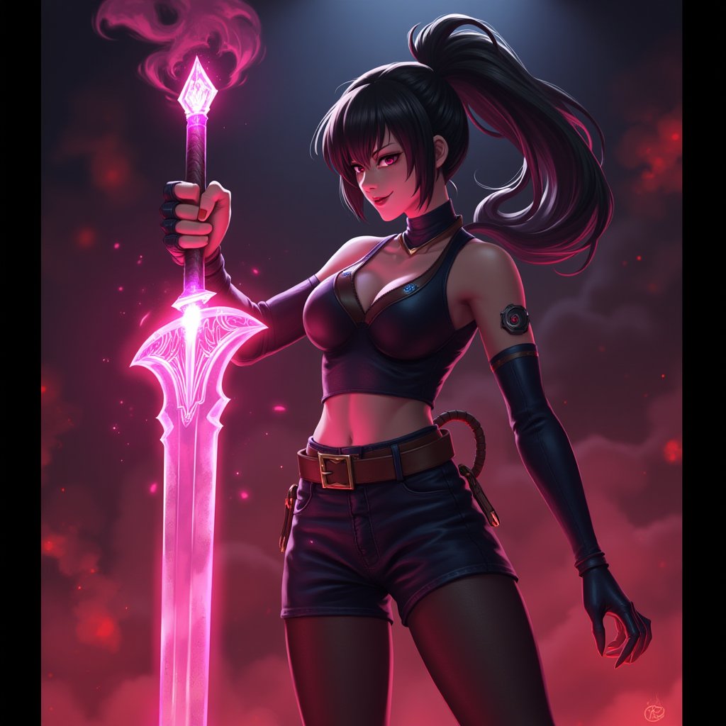 Retro_Anime, a woman hodling a huge glowing  sword  in her fist, evil smile,Epic_LOL, epic pose