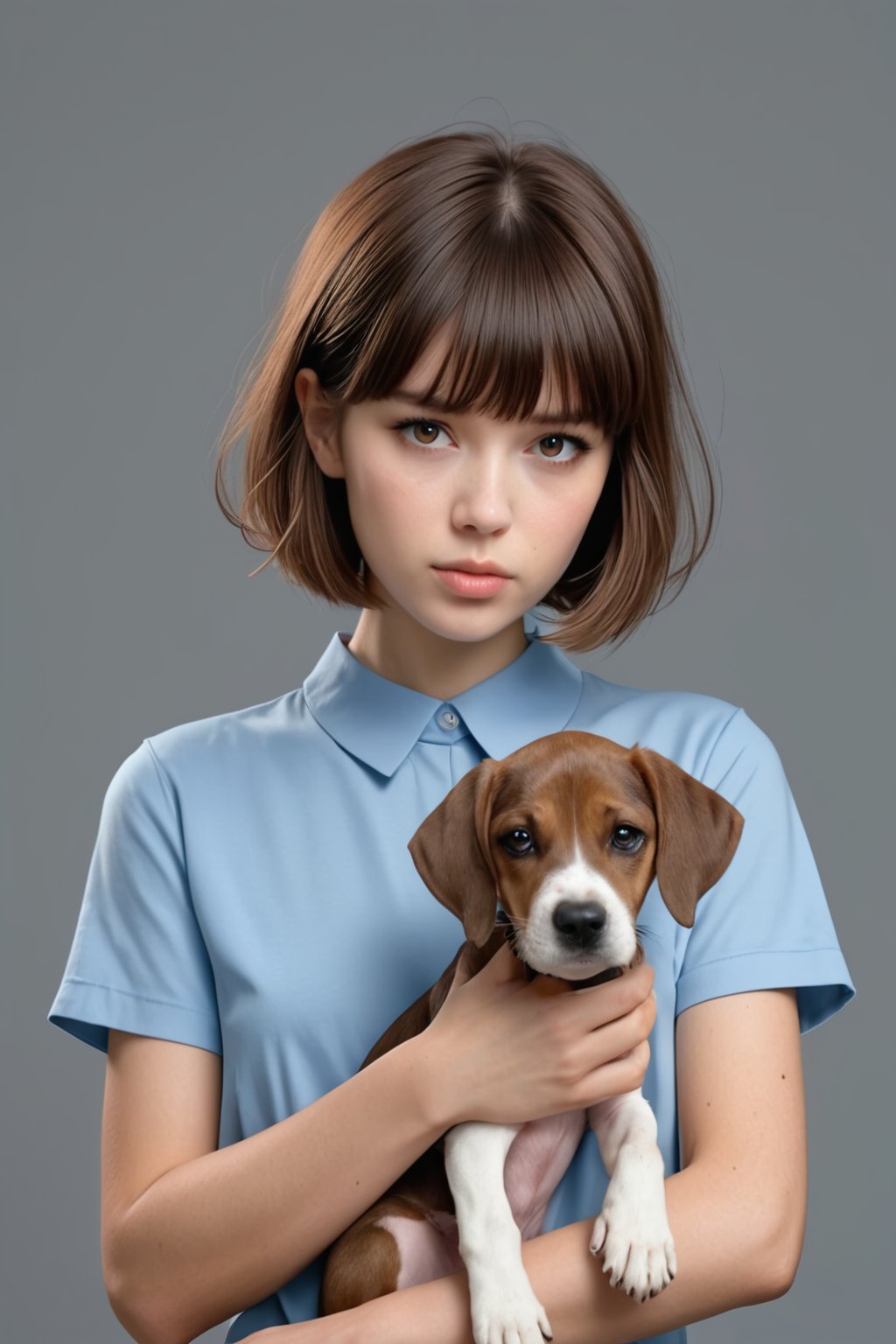 1girl, blush, short hair, bangs, simple background, brown hair, shirt, holding, brown eyes, closed mouth, upper body, short sleeves, blunt bangs, grey background, collar, animal, blue shirt, dog, stick